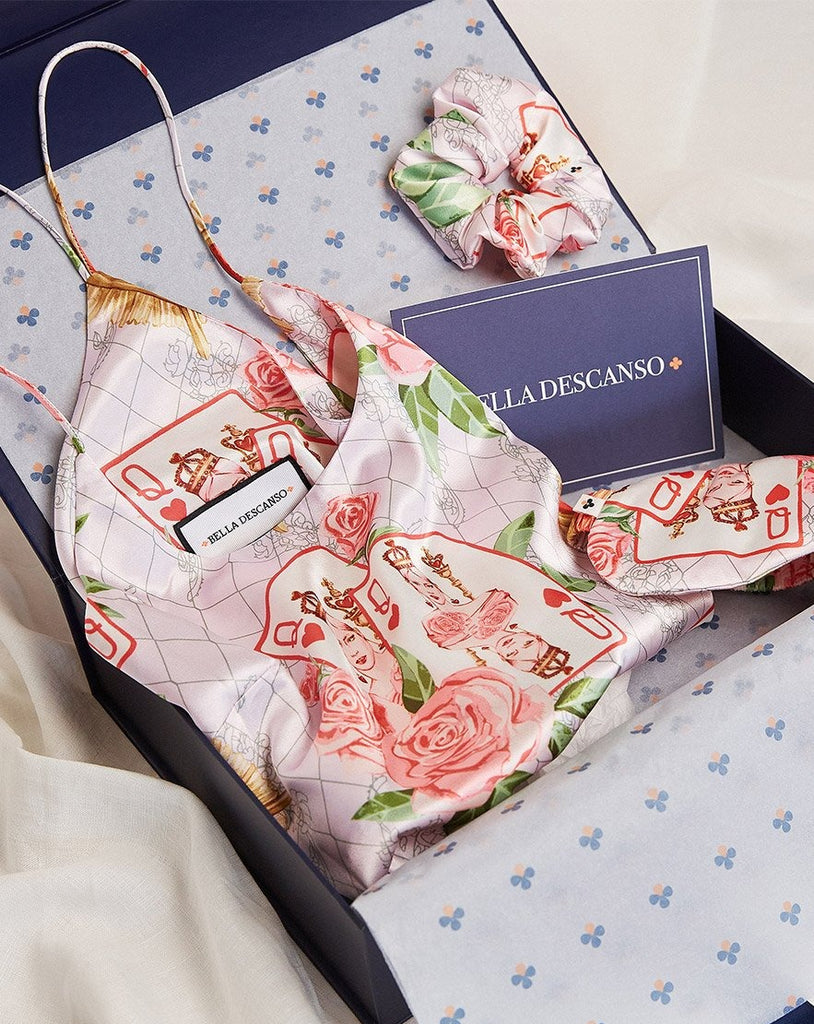 Bella Descanso luxury sleepwear Valentine's Day gift box. Including a satin slip dress, eye mask and luxury satin scrunchie. The perfect gift for her. 