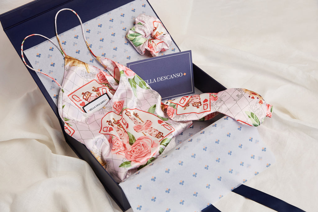 Bella Descanso luxury sleepwear Valentine's Day gift box. Including a satin slip dress, eye mask and luxury satin scrunchie. The perfect gift for her. 