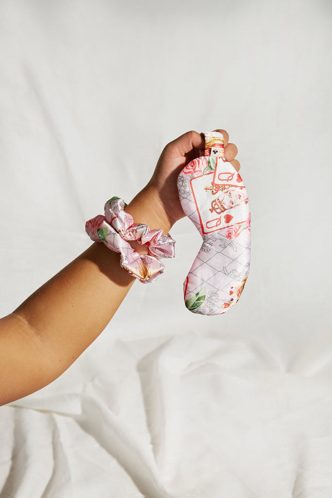 Bella Descanso luxury satin scrunchies and eye mask. The perfect sleep mask to have a good nights sleep and pair with stylish hair accessories.