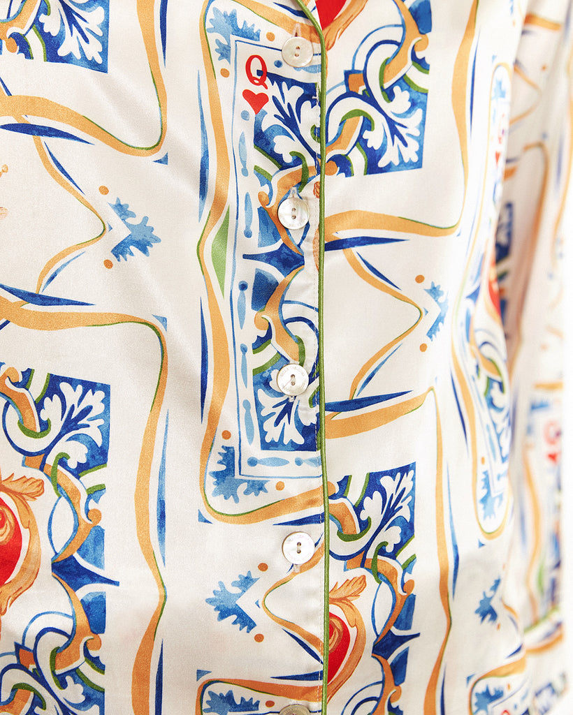 Bella Descanso Luxury Sleepwear Palazzo print featuring European-inspired azure blues. Seen here on the satin pyjama set, the perfect luxury loungewear for style from sleep to street and European vibes. 
