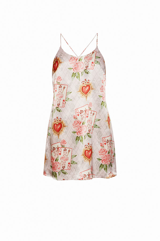 Bella Descanso luxury sleepwear Valentine's Day Queen of Hearts slip dress. A flattering racer-back dress that can be work as sleepwear or as a casual or occasional dress. Bella Descanso Valentine's Day luxury satin slip dress. The perfect Valentine's Day gift for her. A gorgeous dress for sleep to street style, comfortable loungewear that can also make a great satin cocktail dress, party dress or casual street style dress. Luxury loungewear, resort wear, satin dress, silk dress. 