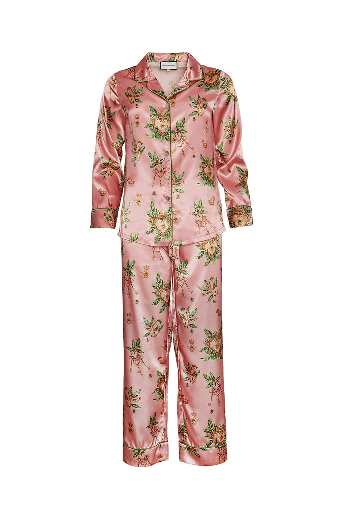 Bella Descanso luxury sleepwear. Biscayne pink pyjama set. Stylish loungewear and glam pyjamas. 